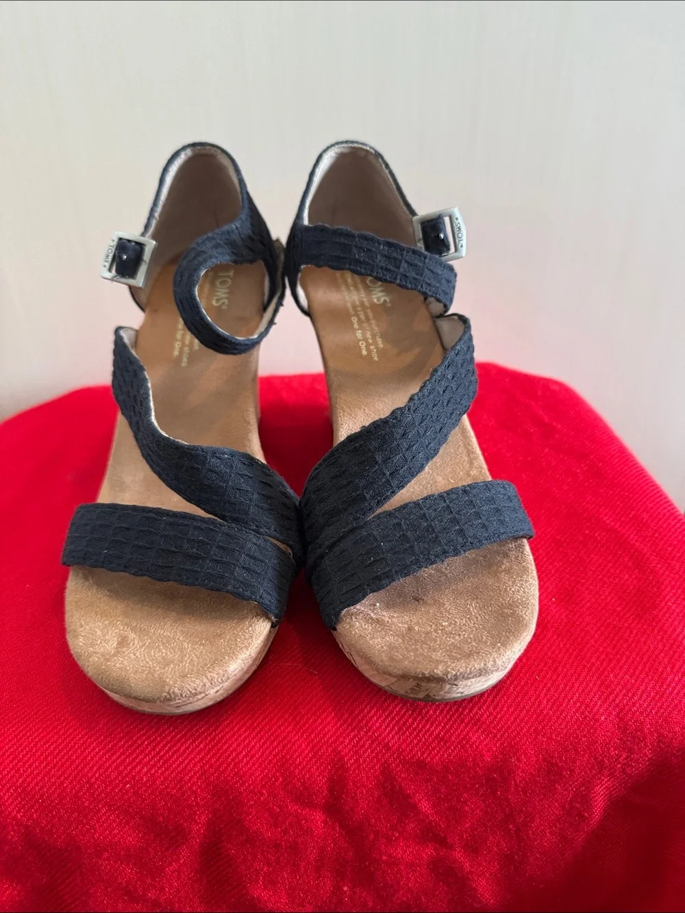 Toms Black Fabric Crisscross Wedge Sandals